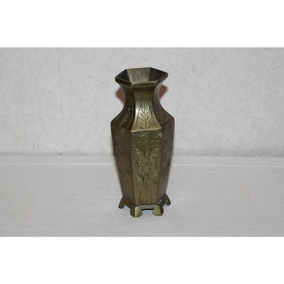 Other - Vintage Brass Etched Hexagon Vase